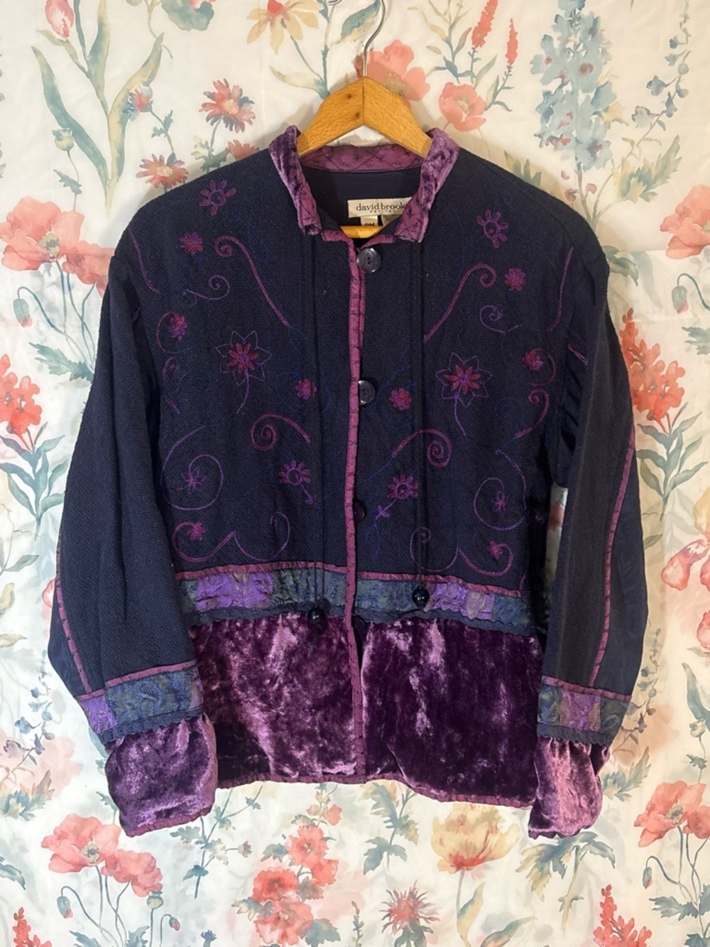 Vintage David Brooks Purple Velvet-Trim Embroidered Jacket